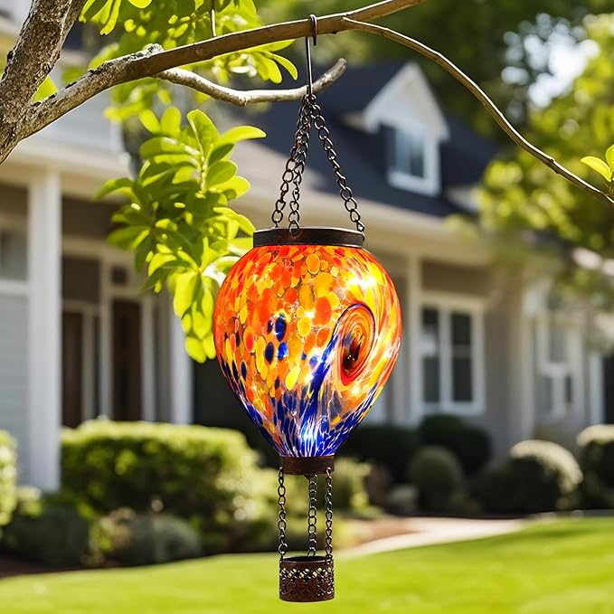 VOREEN Solar Hot Air Balloon Light – Hand Blown Colorful Glass Outdoor Hanging Lantern, Waterproof Decorative Garden Lighting, Gift for Mom Wife Friend Backyard Patio Decor