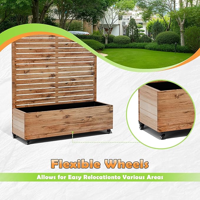 Metal Raised Garden Bed with Trellis, 2-in-1 Planter Box & Privacy Screen for Climbing Plants, Outdoor Standing Flower Bed with Drainage Holes, 47.2" L x 16.7" W x 70.8" H, Natural Wood Grain