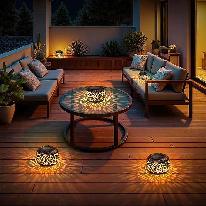 Solar Lanterns Outdoor Waterproof, 4 Pack Flower Petal Solar Garden Lights with 2 Lighting Colors, Vintage Metal Outdoor Patio Garden Decor - Unique Gifts for Women Mom Sisters Birthday
