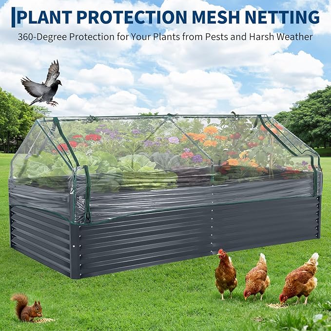 Galvanized Raised Garden Bed Kit with Cover Heavy-Duty Modular Metal Planter Raised Beds for Vegetables with Tool-Assisted Simple Assembly, Reinforced Panels & Optimal Drainage