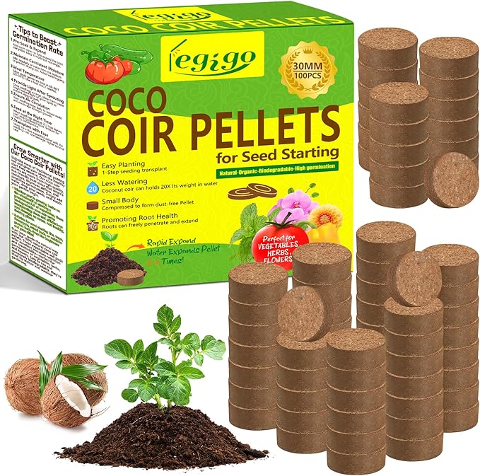 Legigo 100 Pcs 30mm Coco Coir Pellets Seed Starter Soil Mix- Organic Coconut Coir Potting Soil Pods for Seedling, Coco Peat Soil Discs for Indoor & Outdoor Plants Bonsai Herbs Vegetables and Flowers