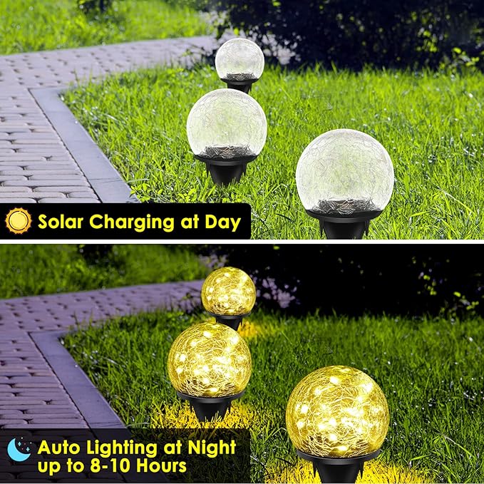 Solar Garden Lights, 4 Pack 120 LED Multicolor Cracked Glass Solar Outdoor Lights Decorative, Upgraded Waterproof Ball Lights for Yard Pathway Patio Lawn Christmas Outside Decor, 3.94"