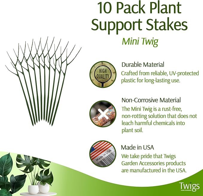 Twigs GA - Mini Twigs Plant Support Stakes for Small Plants, Indoor & Outdoor Use, Gardening Supplies, Garden Accessories, Trellis & Ring Alternative - Monstera (Dark Green), 10 Pack, 12" L