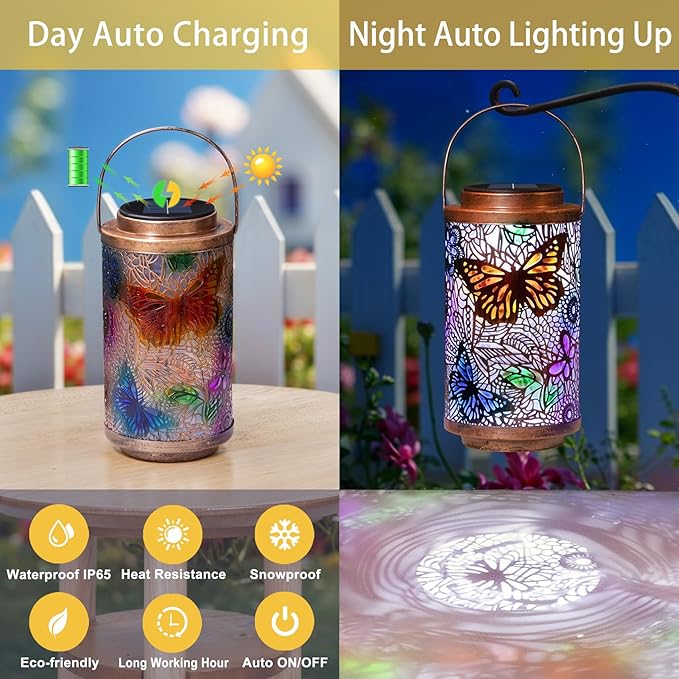 2Pack Solar Outdoor Lanterns Waterproof Butterfly Colorful Garden Gifts for Women, Multicolor Solar Outside Lights Lantern for Yard, Backyard, Porch, Mothers Day Gifts for Mom Grandma Wife