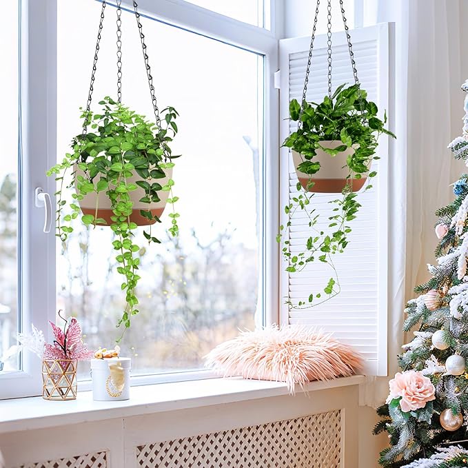 Set of 2 8 Inch Self Watering Hanging Planters for Indoor Outdoor Plants, Color Blocking Hanging Baskets Flower Pots with Drainage Hole & Removable Water-Storage Tray