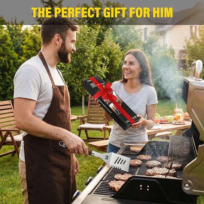 Yekale BBQ Grill Accessories Set, Grill Tools Grilling Accessories Grilling Gifts for Men - Spatula, Fork, Brush, Tongs & Cleaning Brush - Outdoor Barbecue Utensils Gifts for Men Dad Him (Wood)