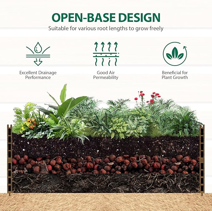 Raised Garden Bed - Expandable Design with Composite Panels & Aluminum Frame - Perfect for Flowers, Vegetables, Herbs - Outdoor Planter Cuboid Box for Patio, Balcony, Backyard (Brown)