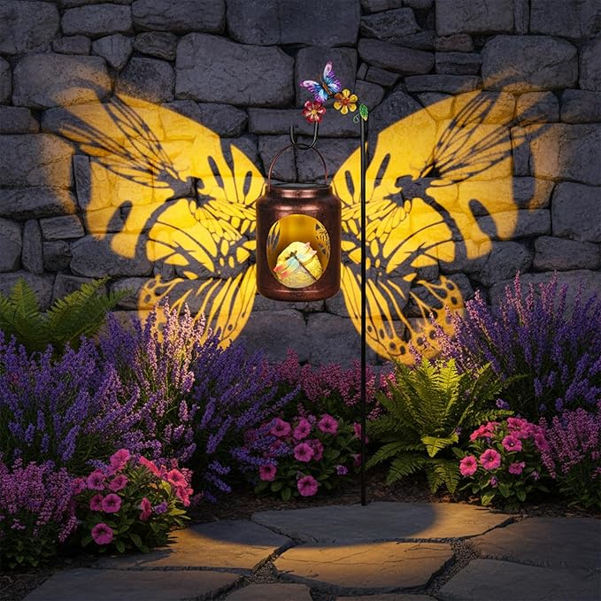 Solar Lanterns Outdoor Waterproof Metal Dragonfly Patterns with Resin Dragonfly Inside Garden Decor Gifts for Women Mom Grandma Hanging Solar Lights Decoration Outside for Yard, Patio, Backyard, Porch