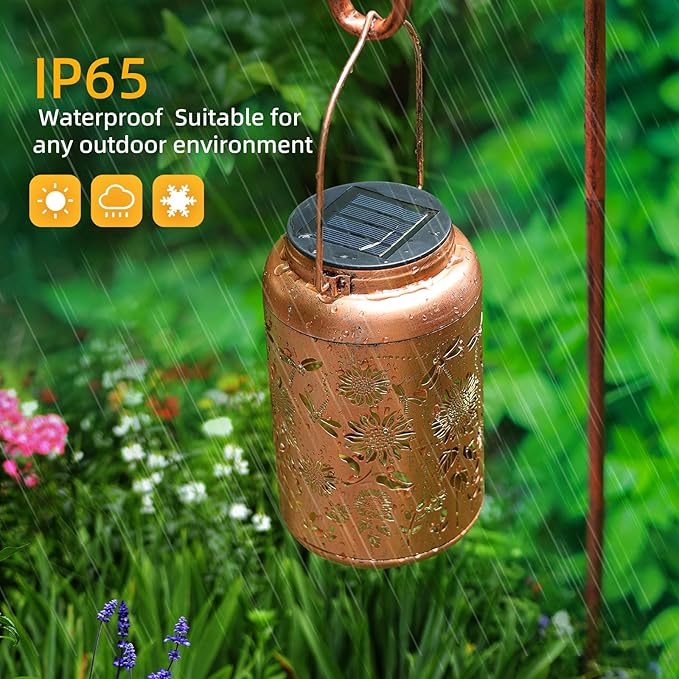 Sunflower Solar Lanterns Outdoor Waterproof Hanging Dragonfly Solar Lights Metal Decorative LED Lanterns Outside Gifts for Women Men Mom Decor for Garden,Yard,Patio,Lawn