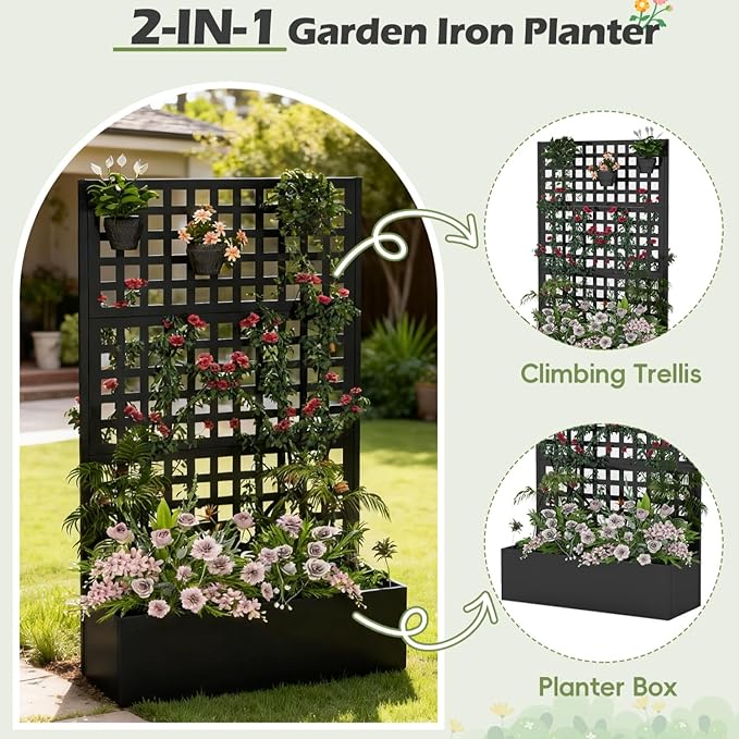Metal Raised Garden Bed with Trellis, Vegetable and Flower Garden Boxes, Black Planter Box with Trellis for Climbing Plants Vegetable Outdoor Indoor, Large 1Pc