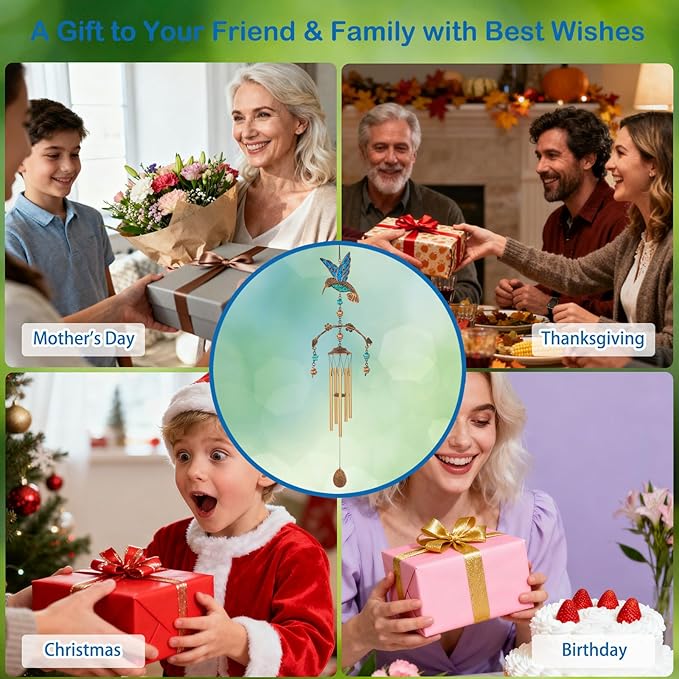 Wind Chimes - Blue Hummingbird Wind Chimes for Outside Deep Tone 34 inches 5 Aluminum Tubes, Thanksgiving, Christmas, Birthday Gifts for Mom, Grandma, Decorations for Home, Garden, Patio, Backyard