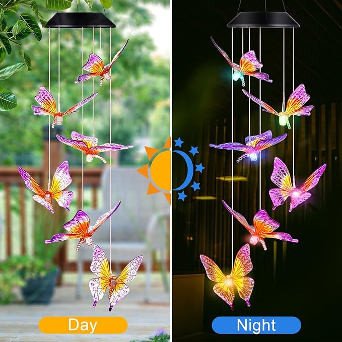 Butterfly Wind Chimes, Solar Wind Chimes/Wind Chimes for Outside Color Changing (Gifts for mom/Gift for Grandmom/Gift for Women) Thanksgiving Gift Butterfly Gift