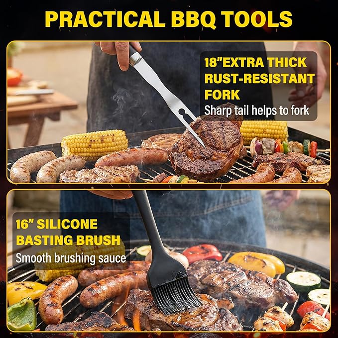 Yekale BBQ Grill Accessories Set, Grill Tools Grilling Accessories Grilling Gifts for Men - Spatula, Fork, Brush, Tongs & Cleaning Brush - Outdoor Barbecue Utensils Gifts for Men Dad Him (Black)