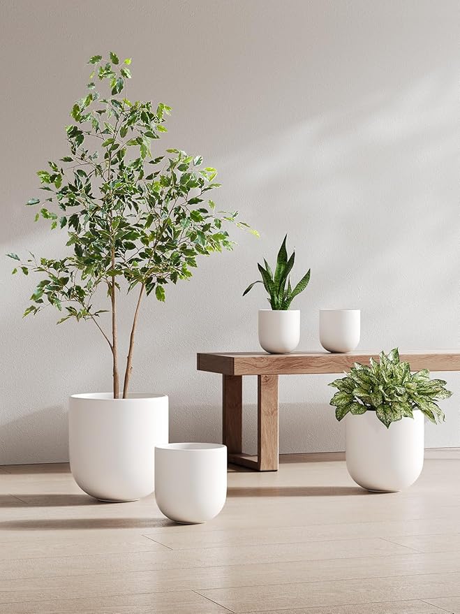 LE TAUCI 6 Inch Plant Pot, Ceramic Pot with Drainage Hole & Rubber Plug, Indoor Planter for Herbs & Small Houseplants, Cylinder Planter for Home Office, White