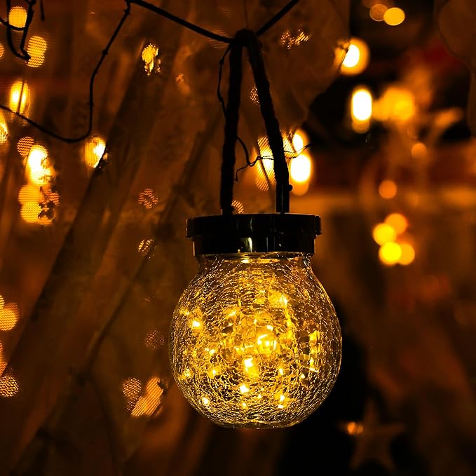 Cooo Christmas Gifts 2 Pack Solar Lanterns Waterproof Outdoor Heavy Crackle Glass 30 LED Warm Firefly Lights Stainless Steel Lid 215% Solar for Women Mom Grandma Outdoor Table Lamps Garden Yard Decor
