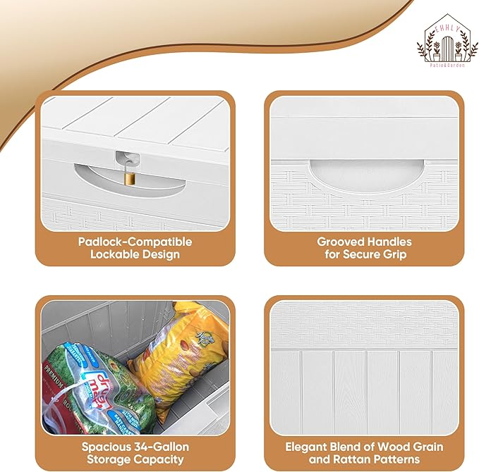 EHHLY 33 Gallon Deck Box, Small Outdoor Storage Box Waterproof, Lockable Secure Package Bin Delivery Box for Outside Front Porch, Patio Cushions Storage Box, Delivery Driver Snack Box for Porch, White