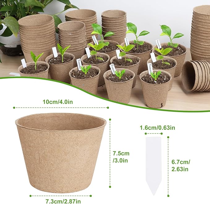132 Pack Organic Peat Pots, 4 Inch Nursery Pot, Round Plant Seedling Pots with Drainage Holes, Small Seed Starting Starter Tray Bulk, Garden Germination Container with 132 Planting Labels (10 cm)