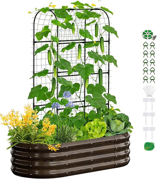 SUNYRISY Galvanized Raised Garden Bed with 71in Arch Trellis for Climbing Plants, Outdoor Planter Box with Climbing Net for Gardening Flowers Vegetables Fruits Herbs, Wood Grain