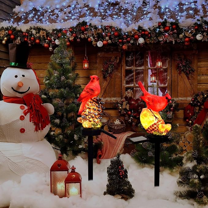 Cardinal Decor Solar Garden Decor Waterproof Red Bird Figurine Solar Stake Lights for Outside Yard Patio Lawn Porch Cemetery