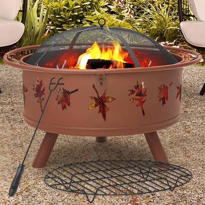 Athena Collection 32 in Fire Pit for Outside Large Wood Burning Firepit Leaf Pattern Iron Firepit Bowl Stove Round Outdoor Fireplace for Camping Heating BBQ Bonfire with Spark Screen Log Grate Poker