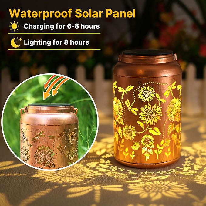 Sunflower Solar Lanterns Outdoor Waterproof Hanging Dragonfly Solar Lights Metal Decorative LED Lanterns Outside Gifts for Women Men Mom Decor for Garden,Yard,Patio,Lawn