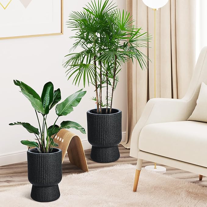 14.2" Tall Planters Set of 2, Large Indoor/Outdoor Self-Watering Plant Pots with Drainage, Water Level Monitor & Wheels, Flower Pots for Patio, Porch, Living Room, Home Office