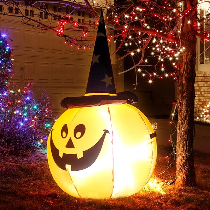 TRMESIA 3.5FT Halloween Inflatable Pumpkins Wear Witch Hats Decorations with Lights, Indoor Outdoor Yard Blow up Decoration Christmas Holiday Addition