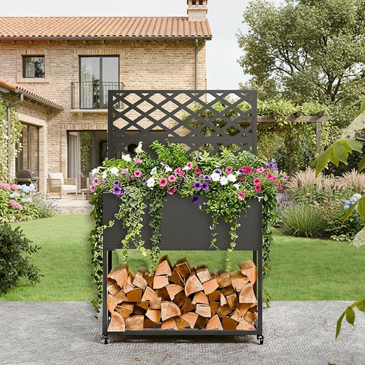 Metal Planter Box with Trellis, 3 in 1 Raised Garden Bed with Trelli & Firewood Rack, Privacy Planter Screen for Climbing Plants, Vine, Outdoor Garden Standing Beds with Drainage Holes, Wheels,Black