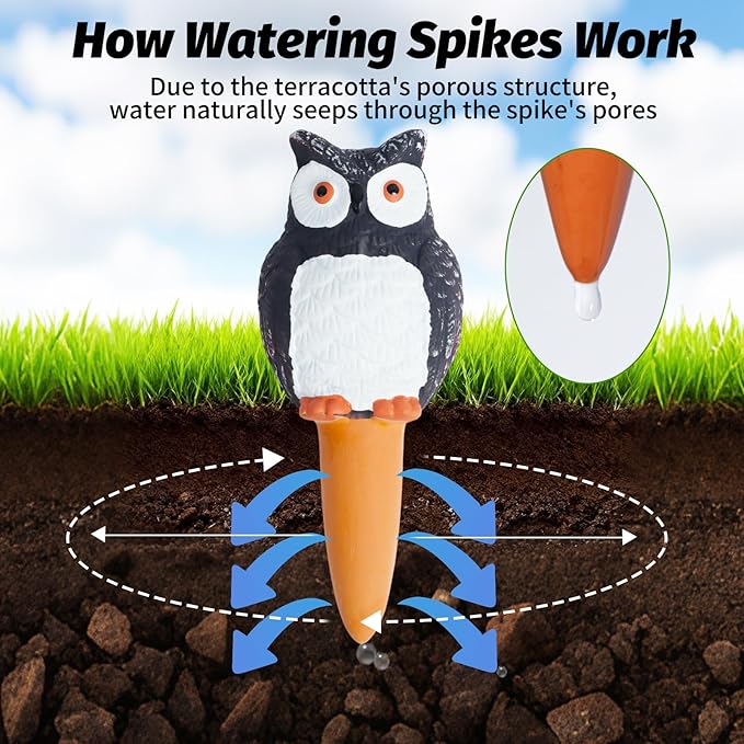 4 Pack Plant Watering Devices, Owl Shape Terracotta Watering Stakes, Vacation Self Watering Planter Insert, Large Self Watering Globes for Indoor Outdoor Plants