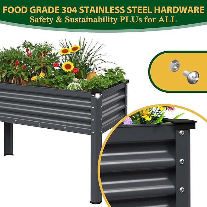 BlueWish 48" W x 24" D x 32" H Raised Garden Bed, Galvanized Garden Bed with Detachable Black Liner, Drainage Gaps, Raised Garden Beds Outdoor 507 lbs Capacity, Gardening, Vegetable, Flower, Grey