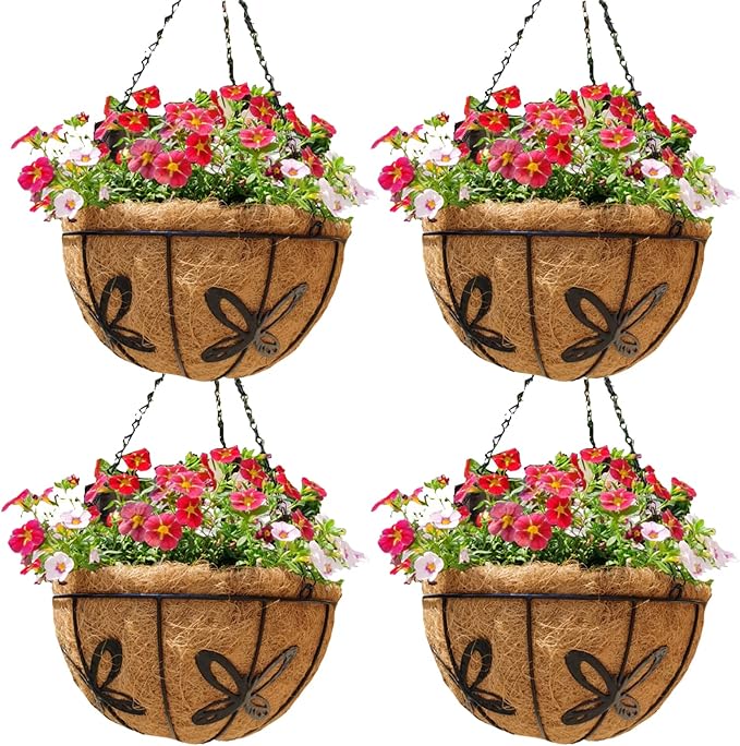 14 inch Metal Hanging Baskets For Plants Outdoor 4 Pack Round Metal Wire Hanging Basket Planter with Coco Fiber Liners Chain Round Wire Plant Holder for Garden, Patio, Deck, Porch Plants Flower Potss