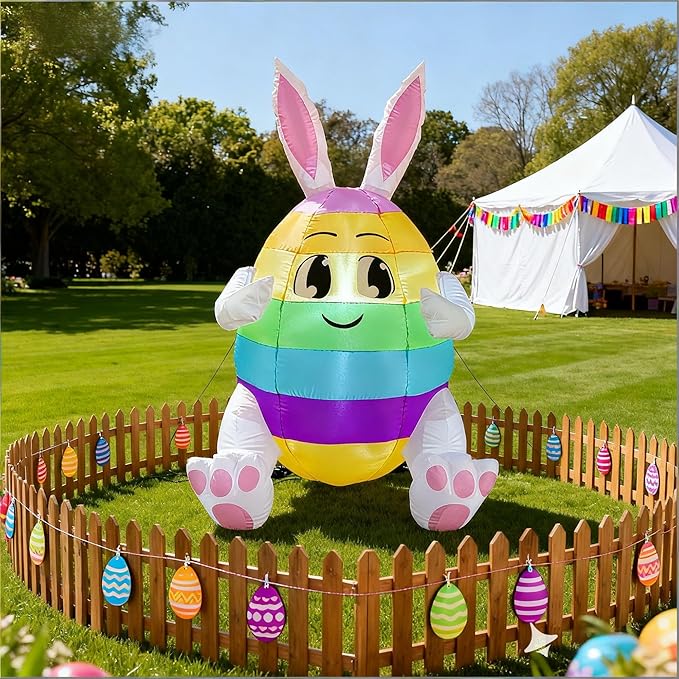 5FT Lighted Easter Inflatable Colorful Egg with Bunny Ears - Blow Up Outdoor Yard Decor for Lawn, Garden & Holiday Party