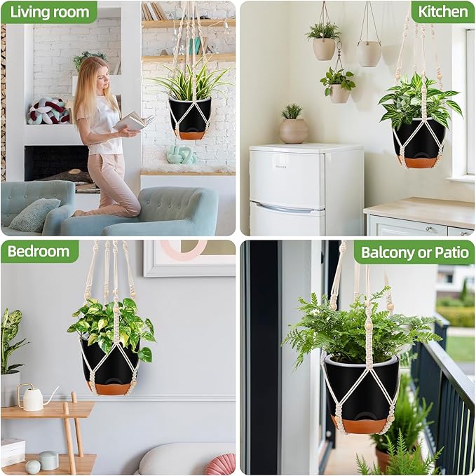 2-Pack 7.2-Inch Self-Watering Hanging Planters for Indoor & Outdoor Plants,34-Inch macrame hanger plant pots indoor with drainage,Small Hanging Planters & Baskets in Black,With two sets of hooks