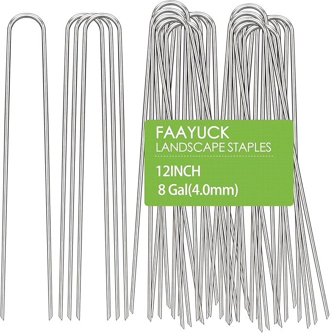 FAAYUCK 12 Inch Landscape Staples, 50 Pack Galvanized Landscape Stakes Heavy Duty 8 Gauge U-Shaped Garden Stakes, Ground Stakes for Weed Barrier Fabric, Irrigation Tubing, Fence, Outdoor Decorations