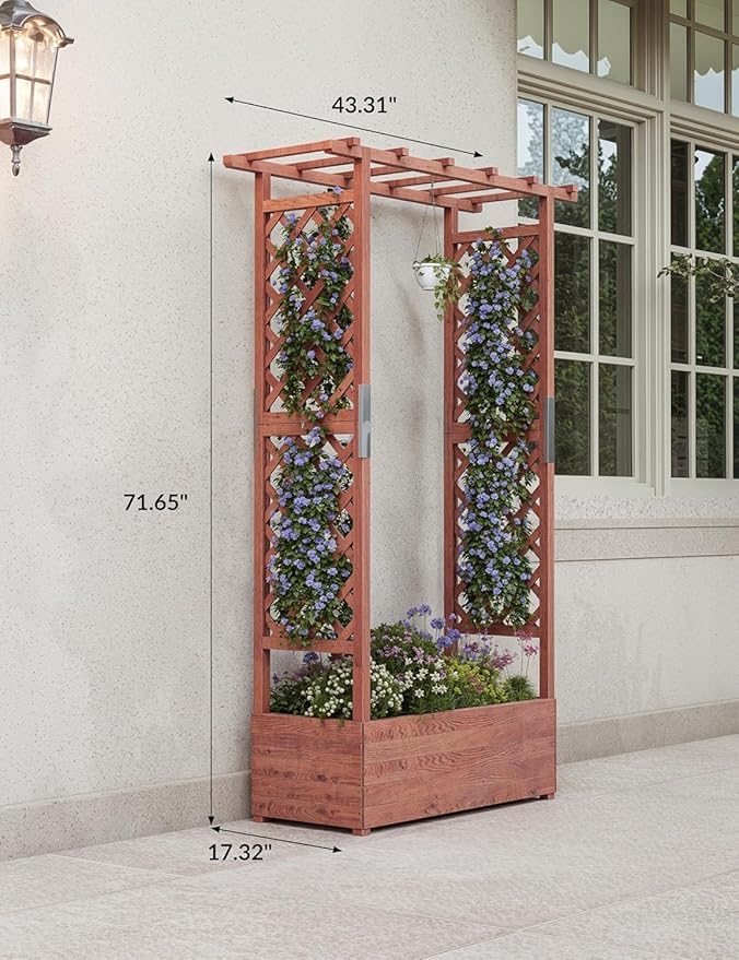 Raised Garden Bed with Trellis and Hanging Roof, Wooden Planter Box with Side Supports and Drainage, Freestanding Elevated Planter for Climbing Plants, Vines, and Flowers, 43x17x72Ft