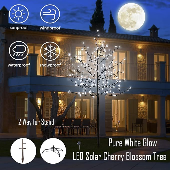 LED Solar Lighted Cherry Blossom Tree,6Ft Light up Cherry Tree Outdoor with 200 Crystal Flower Detachable for Pathway Porch Yard Patio Garden Decor Holiday Decorations Christmas Easter Pure White