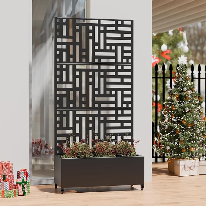 Casaphoria Metal Raised Garden Bed with Trellis and Wheels, 72"x35"x16" Planter Box for Climbing Plants, Vegetables & Vines, Features Drainage Holes and Privacy Screen (Black-Helen)