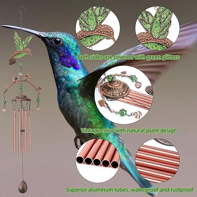 Wind Chimes - Green Hummingbird Wind Chimes for Outside Deep Tone 34 inches 5 Aluminum Tubes, Thanksgiving, Christmas, Birthday Gifts for Mom, Grandma, Decorations for Home, Garden, Patio, Backyard