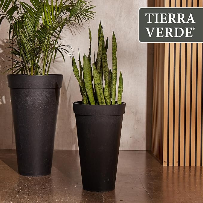 Tierra Verde 2-Pack Indoor & Outdoor Self-Watering Tall Round Planters, Aria, 12.5" x 20", Black - Planter Containers for Plants and Flowers - Gardening and Landscaping Accessories