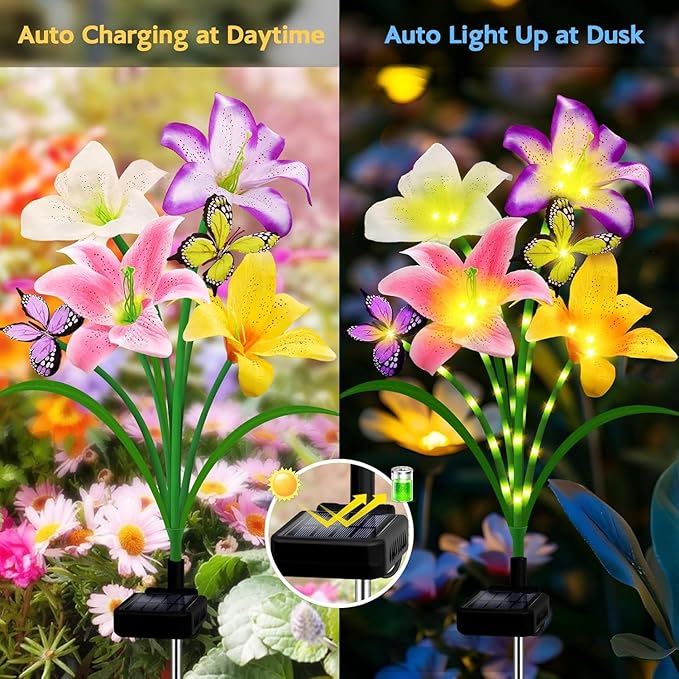 6 Pack Solar Garden Lights LED Solar Lilies Flower Lights, Yard Patio Pathway Decoration High Flexibility Copper Wire Handmade Silk Artificial Flowers Never Wither, Gift for Family Friends