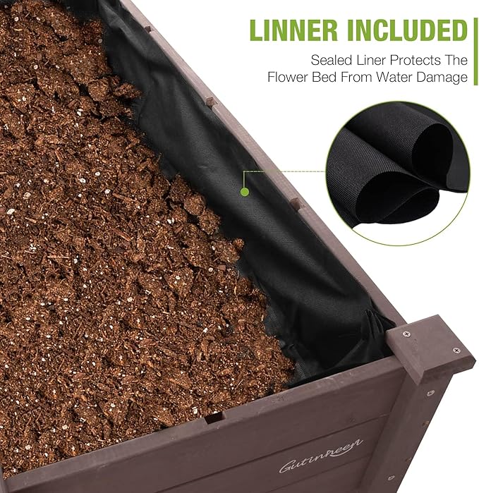GUTINNEEN Raised Garden Bed for Herbs, Patio Elevated Flower Planter Vegetable Boxes with Grow Grid - Large Storage Shelf Brown