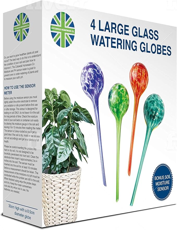 Plant Watering Globes - Plant Watering Devices - Plant Watering Bulbs - Self Watering Spikes -Decorative Hand Blown Glass - Watering Bulbs - Free Moisture Meter 4 Large Size