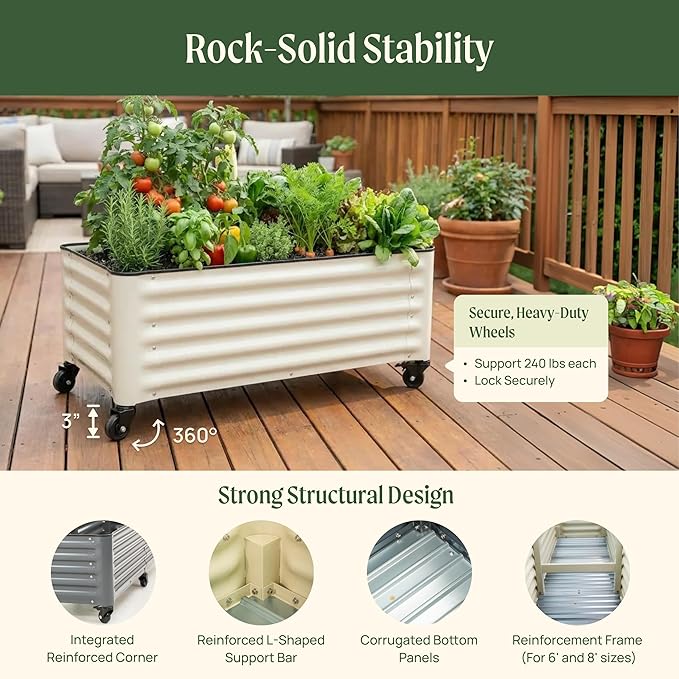 Vego garden Classic Rolling Garden Bed – 1.75' Mobile Metal Raised Garden Bed for Patio, Deck, Balcony – Deep Planting Space, Durable & Easy to Move (Modern Gray, 1.75'X8')