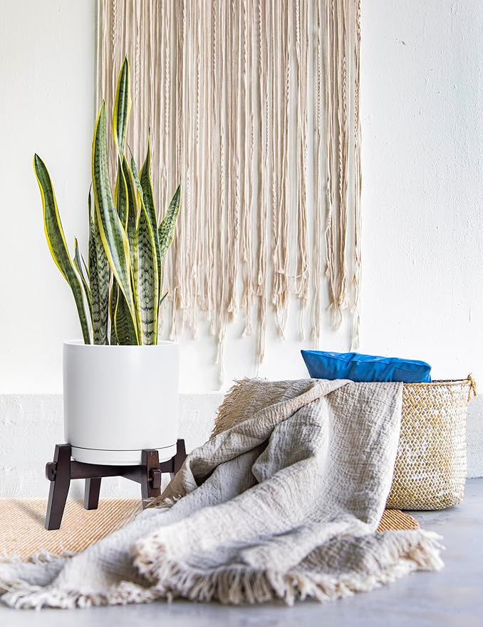 D'vine Dev Ceramic Planter with Wood Stand - 10 Inch Mid Century Modern Cylinder Indoor Plant Pot Set for Indoor Plants & Flowers, White, 55-A-X-1