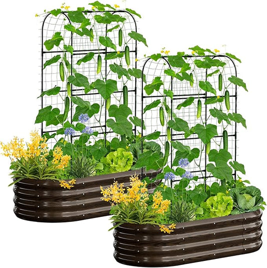 SUNYRISY 2Pack Galvanized Raised Garden Bed with 71in Arch Trellis for Climbing Plants, Outdoor Planter Box with Climbing Net for Gardening Flowers Vegetables Fruits Herbs, Wood Grain