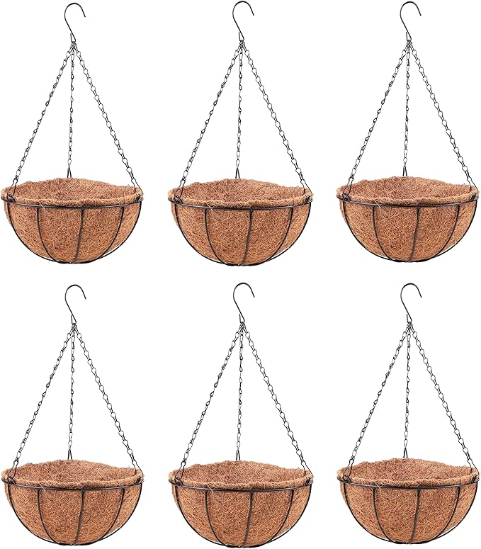 LaLaGreen Hanging Baskets for Outdoor Plants(6 Pack, 14 Inch) Large Hanging Planter with Coco Liner Round Flower Pots, Black Metal Wire Plant Holder Hook Hanger Deck Porch Modern Garden Balcony Decor