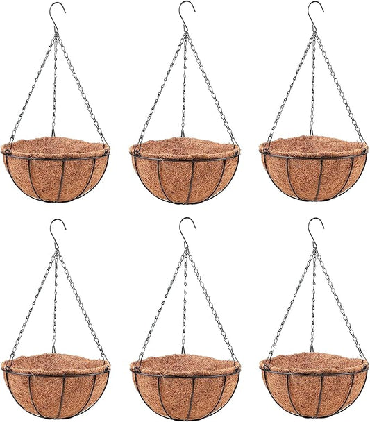 LaLaGreen Hanging Baskets for Outdoor Plants(6 Pack, 14 Inch) Large Hanging Planter with Coco Liner Round Flower Pots, Black Metal Wire Plant Holder Hook Hanger Deck Porch Modern Garden Balcony Decor