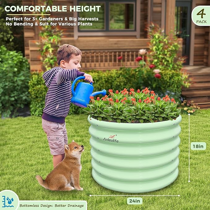 A ANLEOLIFE Kids Mini Raised Garden Beds Outdoor (4-Pack)-24x24x18in Round Galvanized Metal Planter Box for Planting Vegetables, Flowers, Fruits, Eco-Safe & Easy Setup, Mint Green