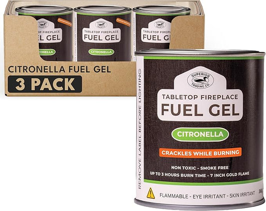Superior Trading Co. Citronella Gel Fuel Cans, Clean-Burning Bioethanol, Smoke-Free, Fresh Scent 3-Hour Burn, Indoor & Outdoor Safe, 368g, 3 Pack