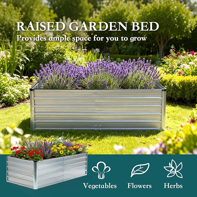 Smug Metal Raised Garden Bed, 6x3x2ft Outdoor Planter Box, Raised Garden Beds for Planting Plants Vegetables, Flowers, Metal Silver